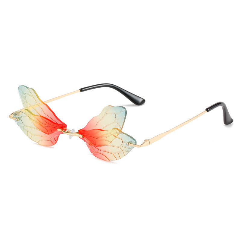 Fashion Dragonfly Wings Sunglasses Women Rimless Glasses Retro Sunglass Luxury Designer Eyewear UV400 Sun Glass Colorful Shades