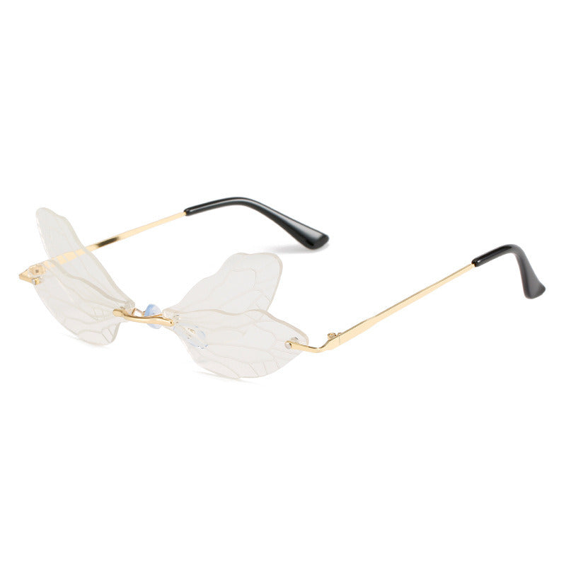 Fashion Dragonfly Wings Sunglasses Women Rimless Glasses Retro Sunglass Luxury Designer Eyewear UV400 Sun Glass Colorful Shades