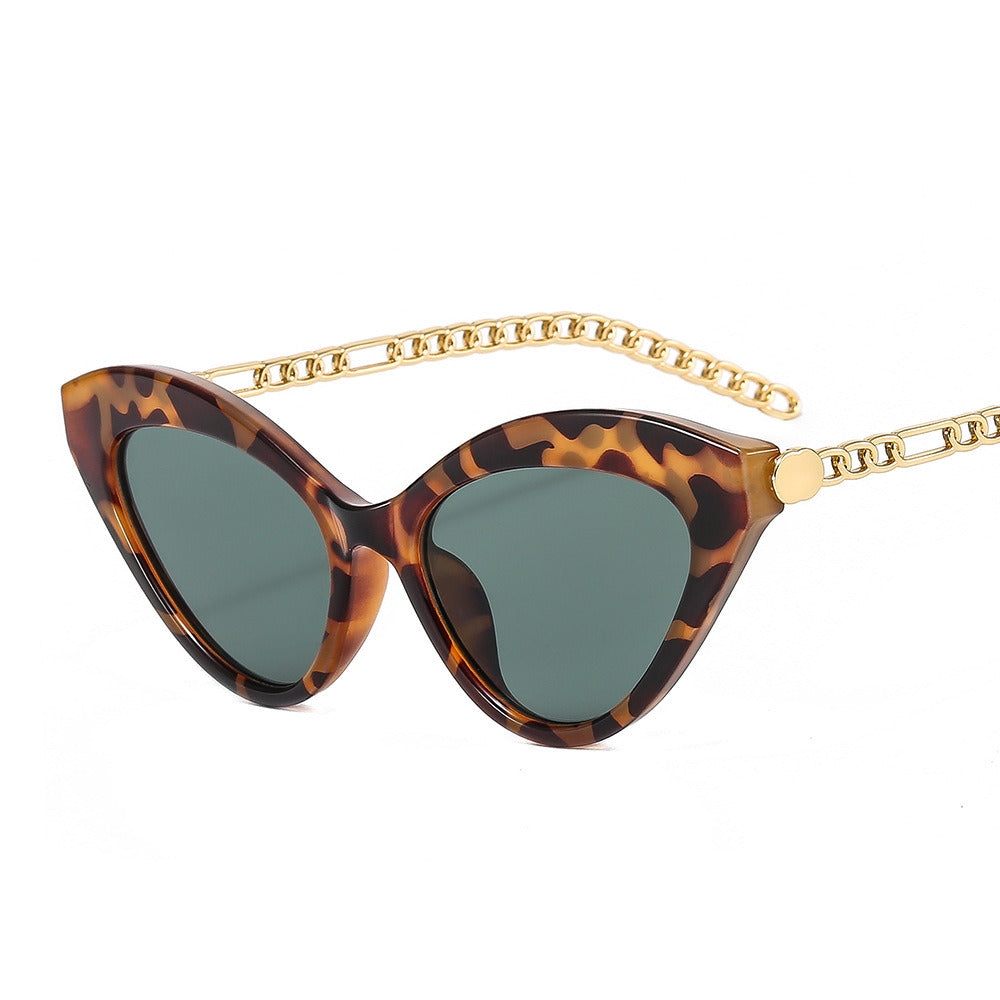 Fashioon Cat Eye Sunglasses Women Chain Frame Leg Glasses Retro Sunglass Female Leopard Eyewear UV400 Sun Glass Yellow Shade