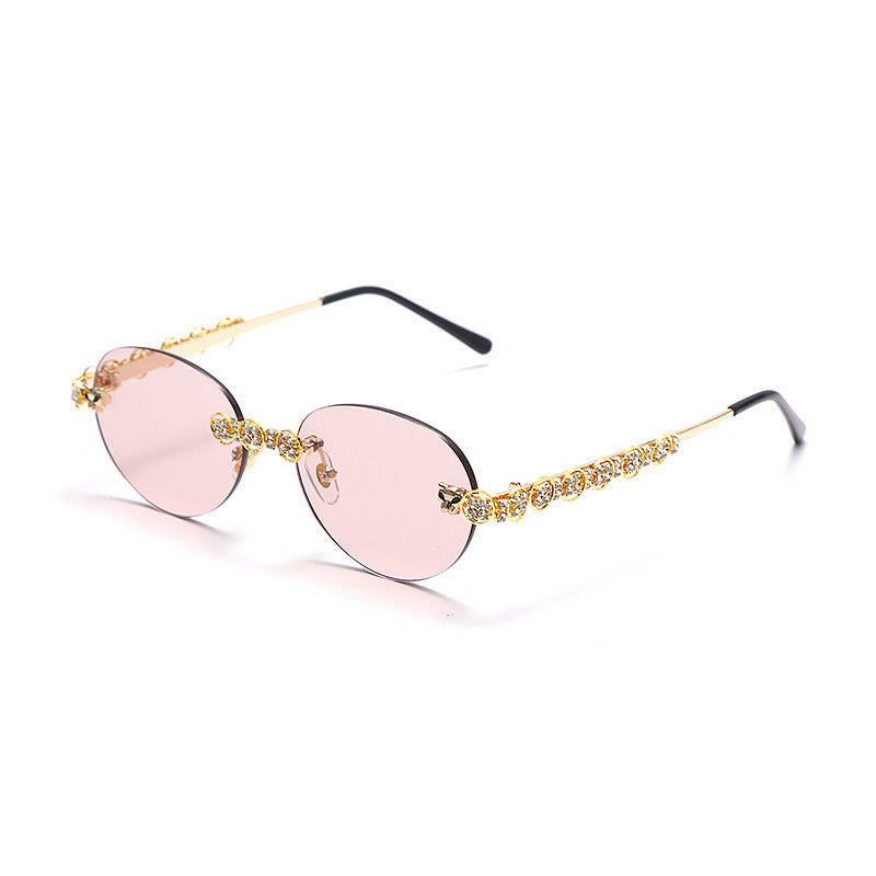 Fashion Oval Rhinestones Sunglasses Women Rimless Glasses Retro Sunglass Ocea Lens Eyewear UV400 Sun Glass Gradient Shades