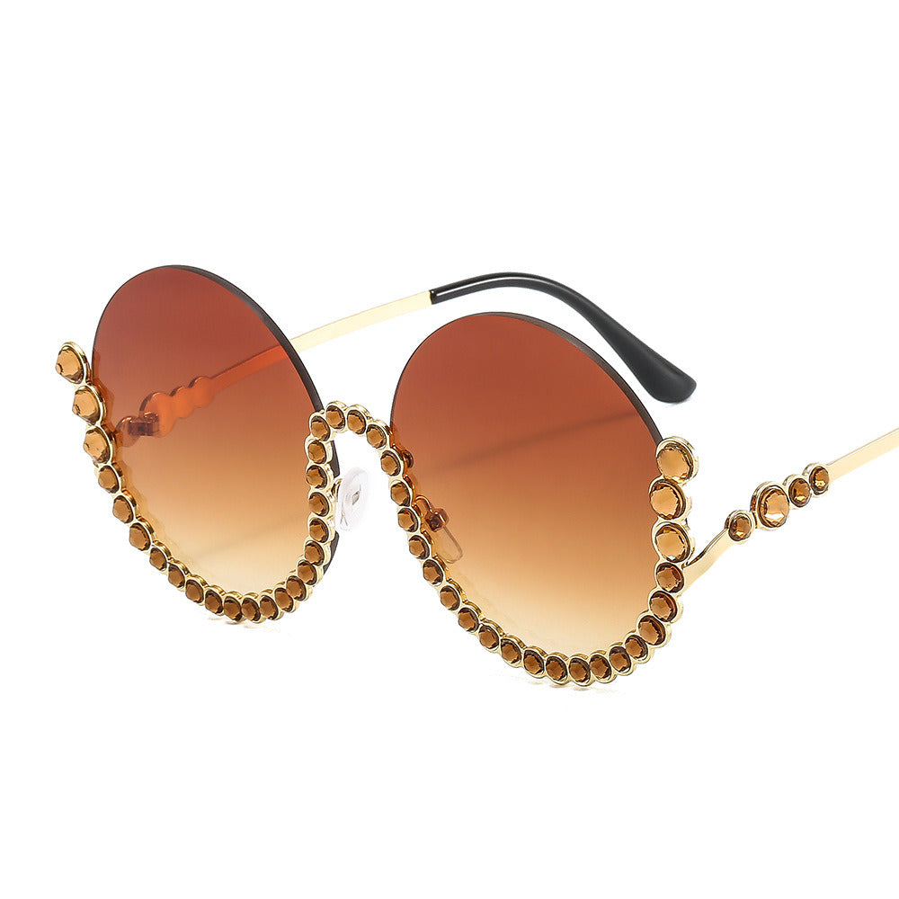 Fashion Round Rhinestones Sunglasses Women Semi Rimless Glasses Retro Sunglass Eyewear UV400 Sun Glass Gradient Brown Shades