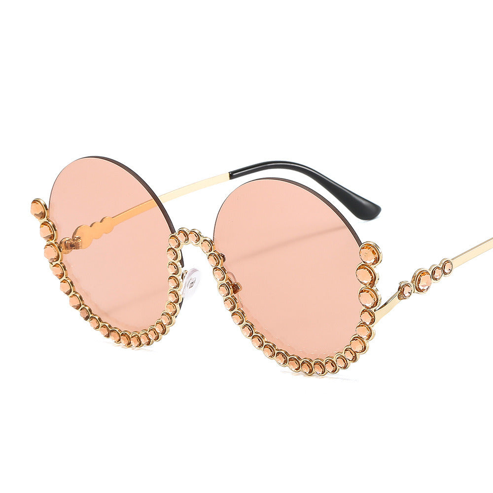 Fashion Round Rhinestones Sunglasses Women Semi Rimless Glasses Retro Sunglass Eyewear UV400 Sun Glass Gradient Brown Shades