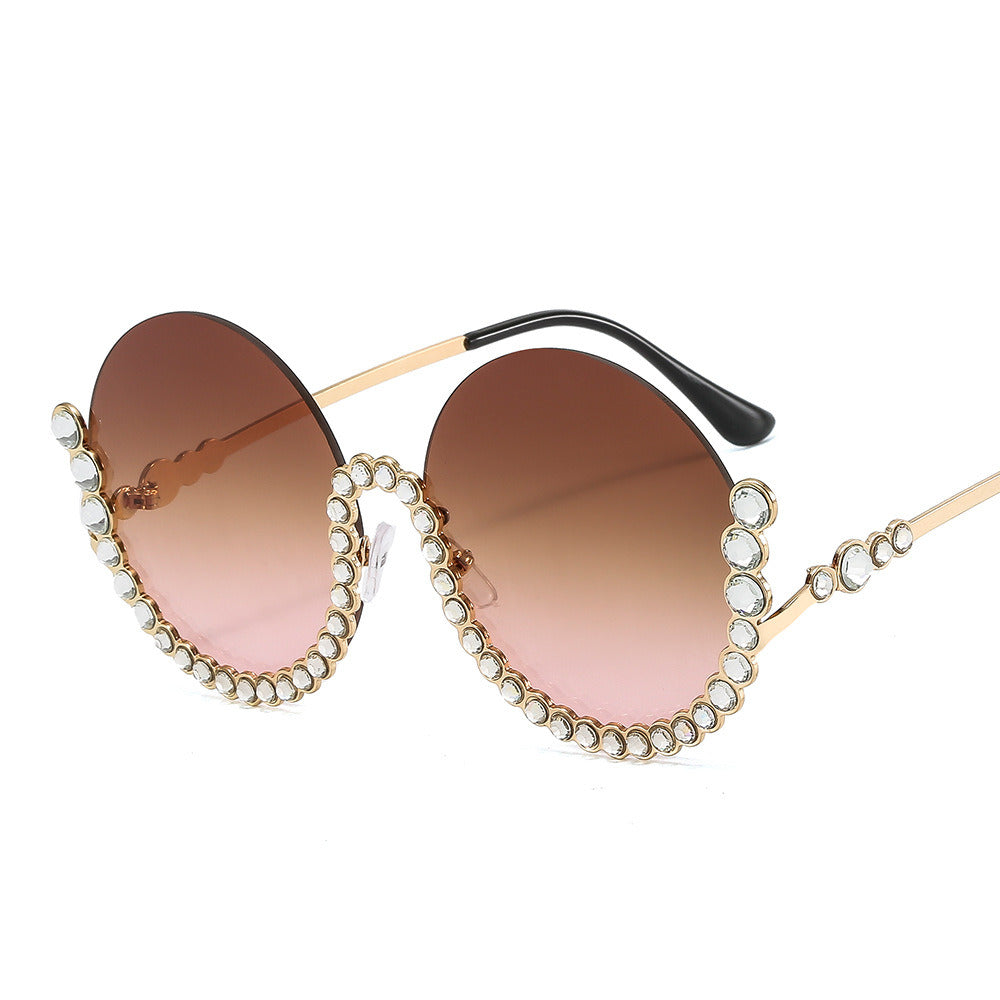 Fashion Round Rhinestones Sunglasses Women Semi Rimless Glasses Retro Sunglass Eyewear UV400 Sun Glass Gradient Brown Shades