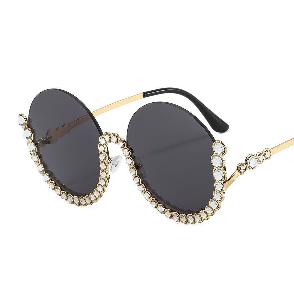 Fashion Round Rhinestones Sunglasses Women Semi Rimless Glasses Retro Sunglass Eyewear UV400 Sun Glass Gradient Brown Shades