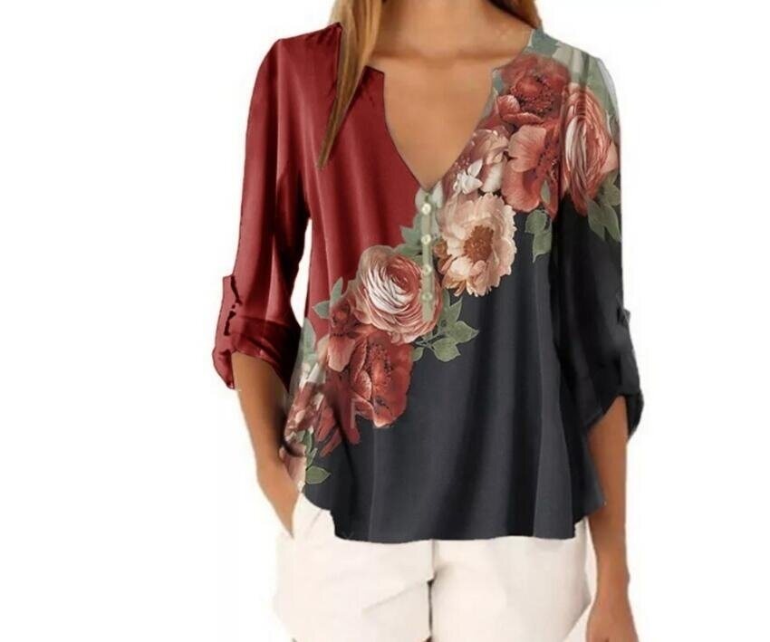 Women V-neck Floral Print Chiffon Shirt