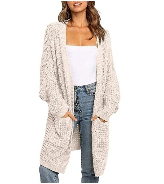 Batwing Sleeve Open Front Chunky Cable Knit Cardigan Sweater with Pockets