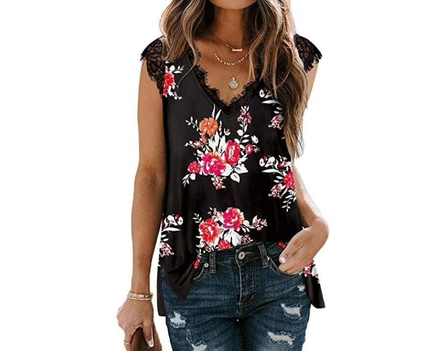 Lace Tank Tops V Neck Floral Print Sleeveless T-Shirt