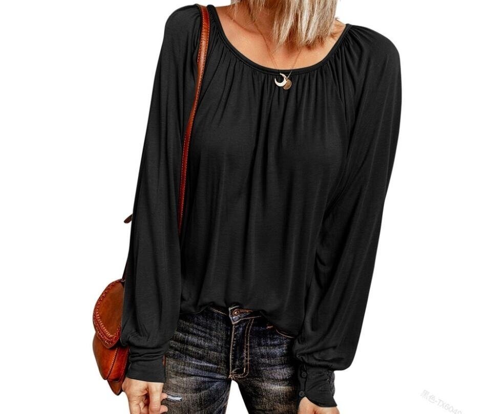 Round Neck Pleated Long Sleeve Shirts Tunics