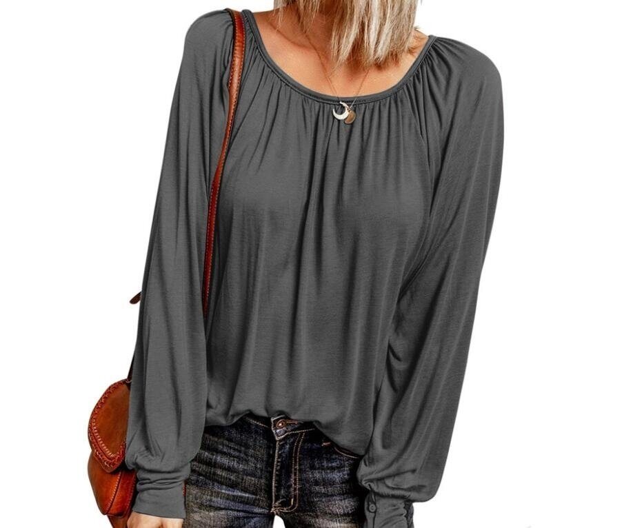 Round Neck Pleated Long Sleeve Shirts Tunics