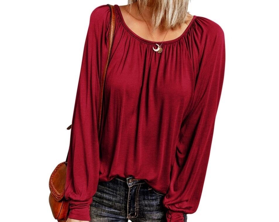 Round Neck Pleated Long Sleeve Shirts Tunics