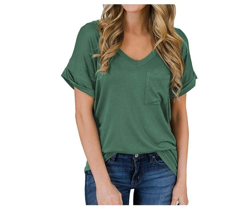 V Neck Short Sleeve T Shirts with Pocket Relaxed Fit Tees