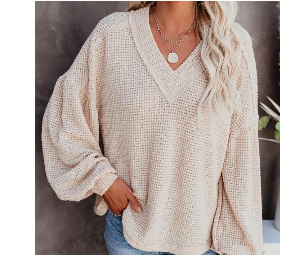 V-neck Knitted Lantern Sleeve Sweater