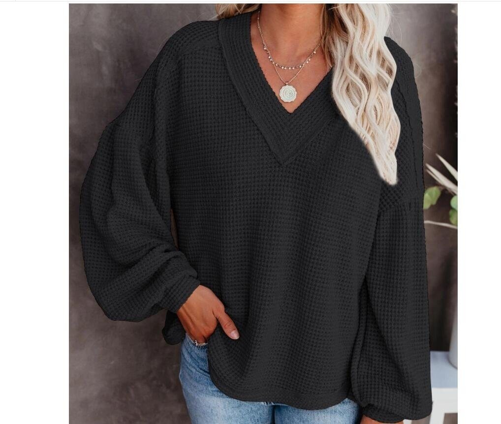 V-neck Knitted Lantern Sleeve Sweater