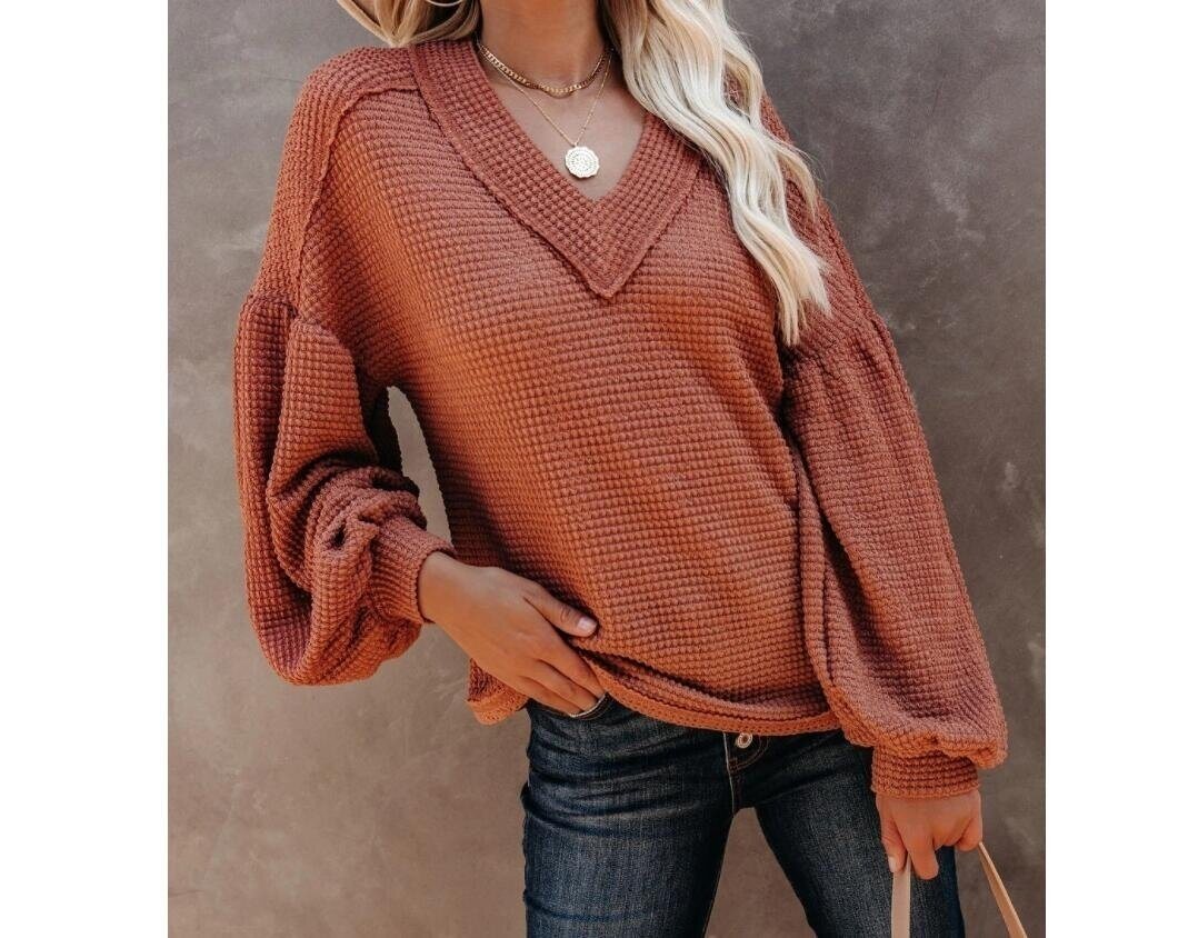 V-neck Knitted Lantern Sleeve Sweater