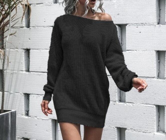 Off-the-shoulder Lantern Sleeve Knit Sweater Dress