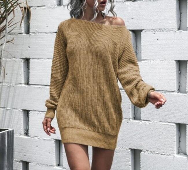 Off-the-shoulder Lantern Sleeve Knit Sweater Dress