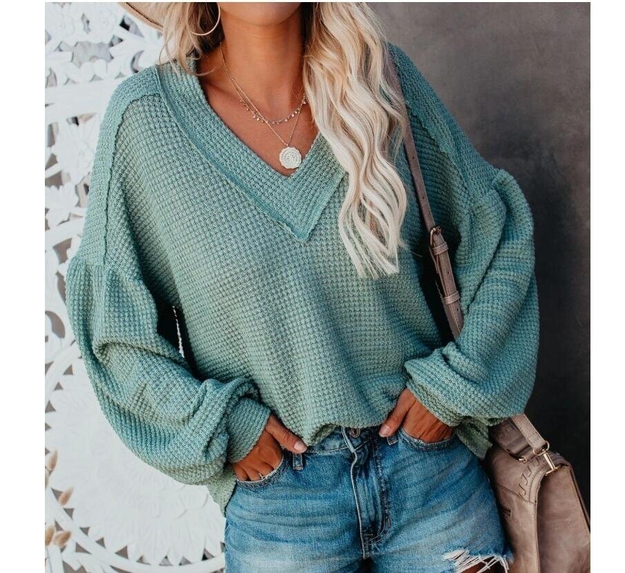 V-neck Knitted Lantern Sleeve Sweater