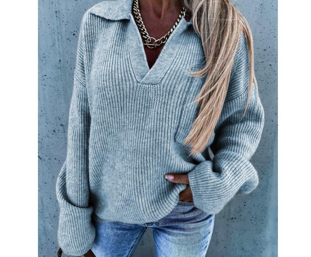 V-neck Lapel Loose Long Sleeved Knitted Sweater