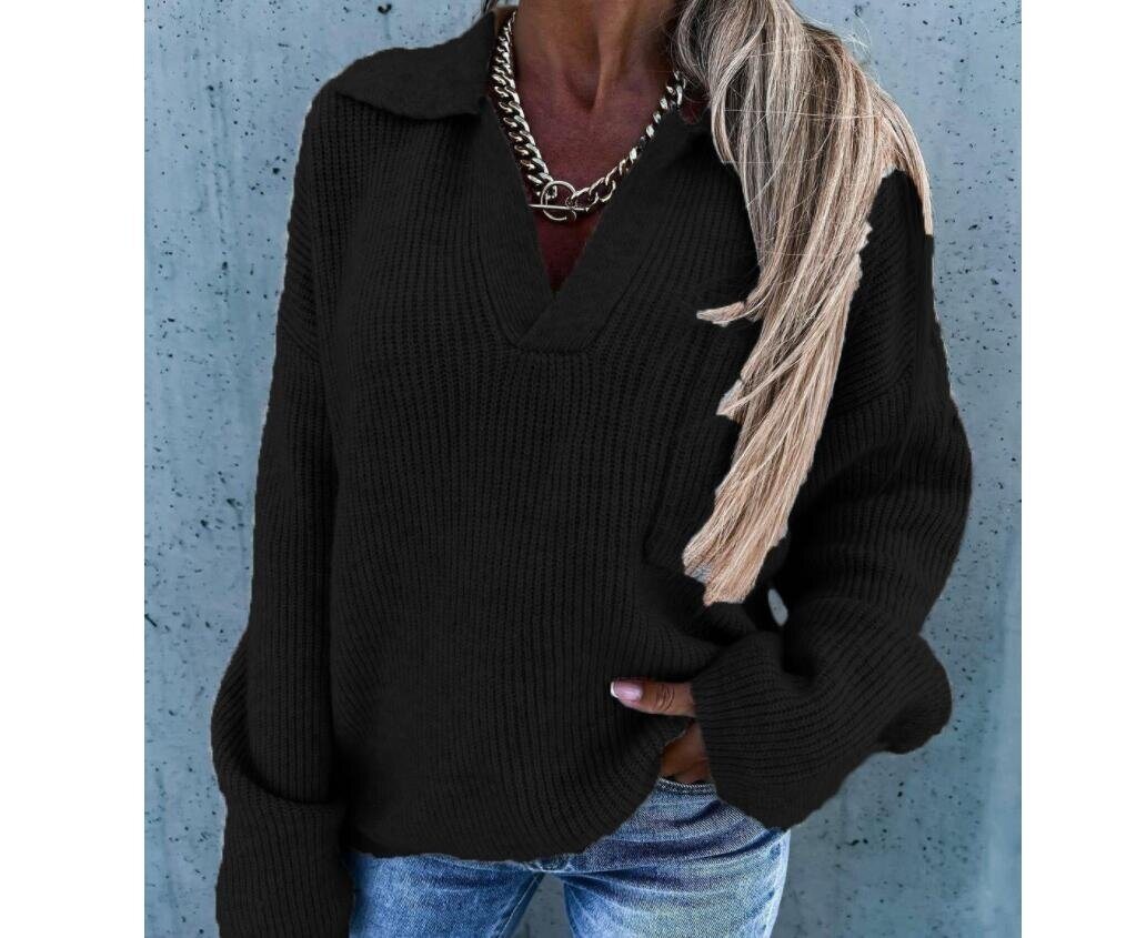 V-neck Lapel Loose Long Sleeved Knitted Sweater