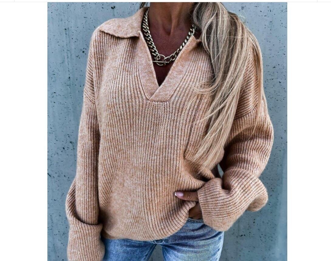 V-neck Lapel Loose Long Sleeved Knitted Sweater