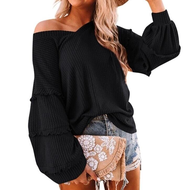 Waffle Lantern Sleeve Ruffled V-neck Sweater