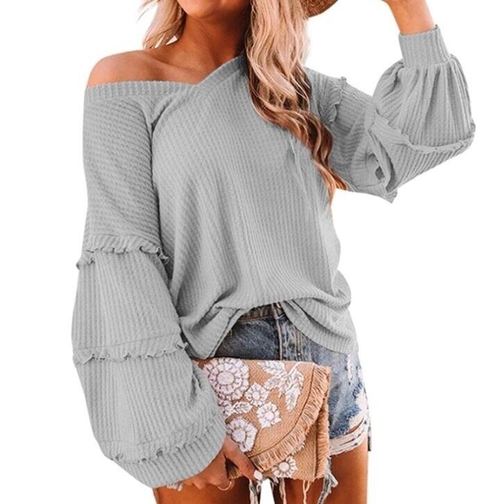 Waffle Lantern Sleeve Ruffled V-neck Sweater