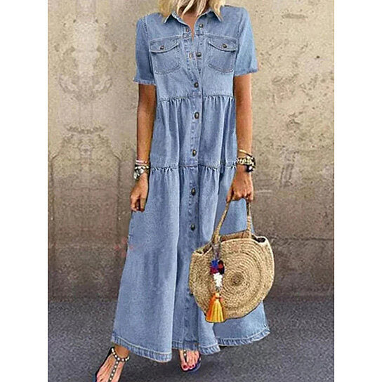 Short Sleeve Shirt Collar Denim Maxi Dresses