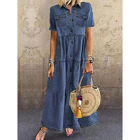 Short Sleeve Shirt Collar Denim Maxi Dresses