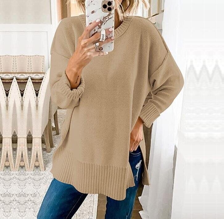 Crew Neck Side Split Pullover Sweater