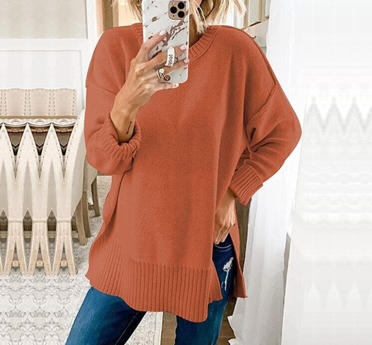 Crew Neck Side Split Pullover Sweater