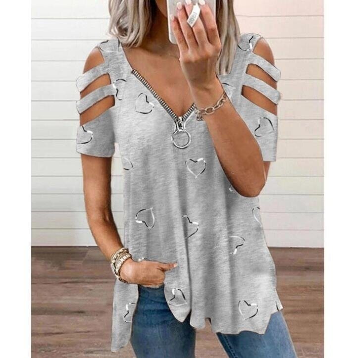 V-neck Zipper Printed Short Sleeved T-shirt