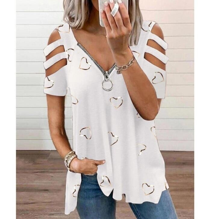 V-neck Zipper Printed Short Sleeved T-shirt