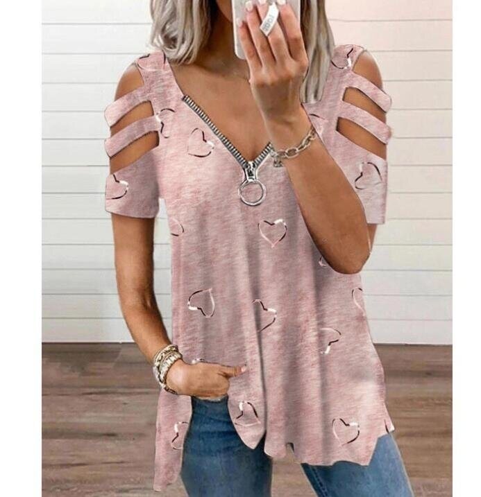 V-neck Zipper Printed Short Sleeved T-shirt