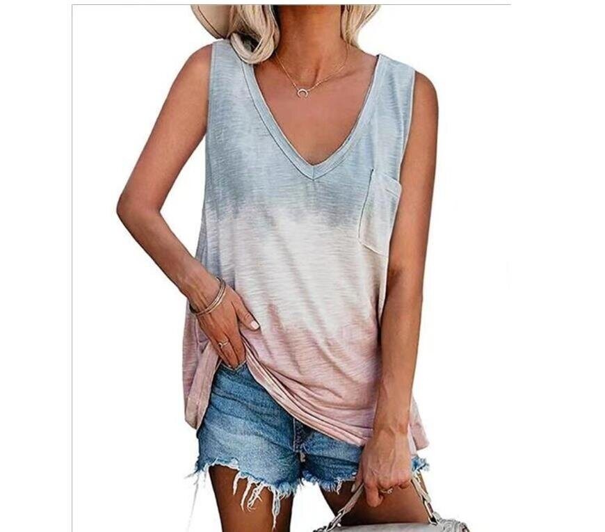 Gradient V Neck T Shirts Sleeveless Tops Tanks