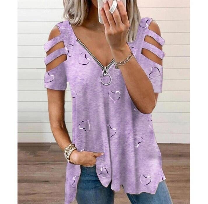 V-neck Zipper Printed Short Sleeved T-shirt