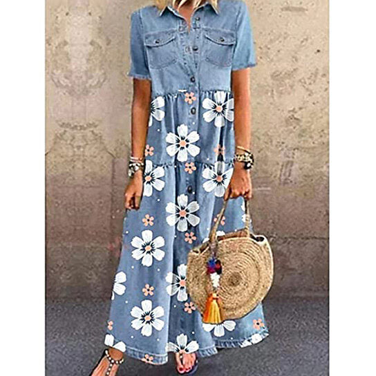 Floral Printed Denim Shirt Maxi Dress