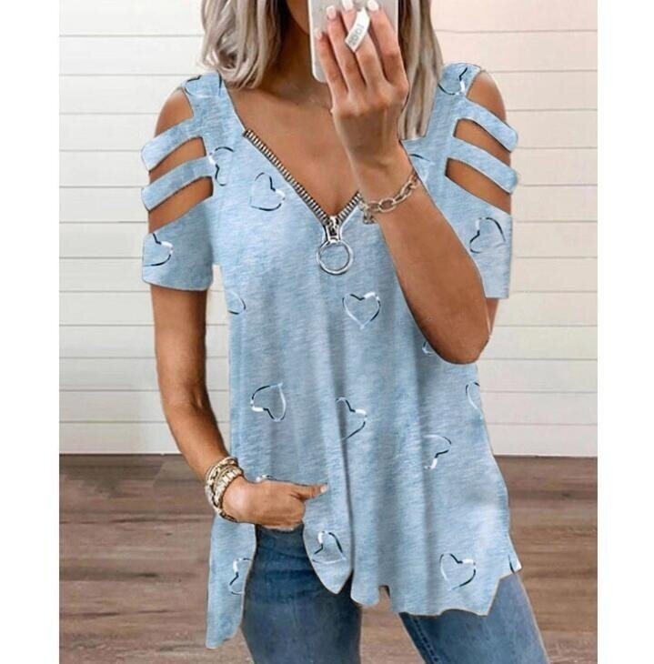 V-neck Zipper Printed Short Sleeved T-shirt