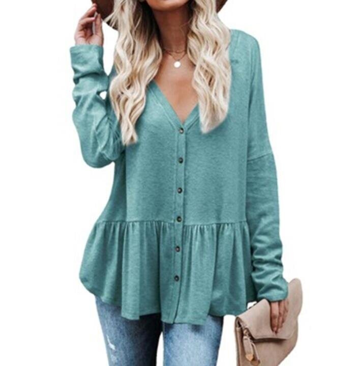 V-neck Buttons Loose Tunic Shirts Tops