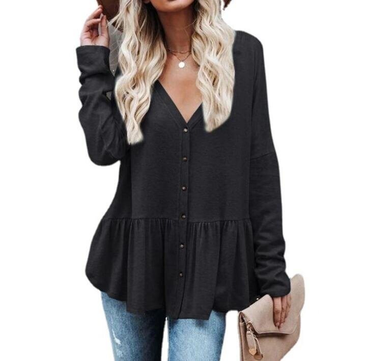 V-neck Buttons Loose Tunic Shirts Tops