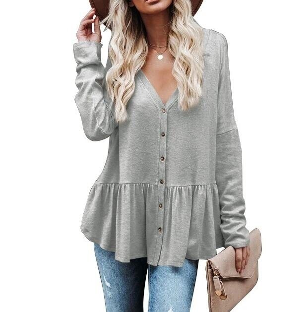 V-neck Buttons Loose Tunic Shirts Tops