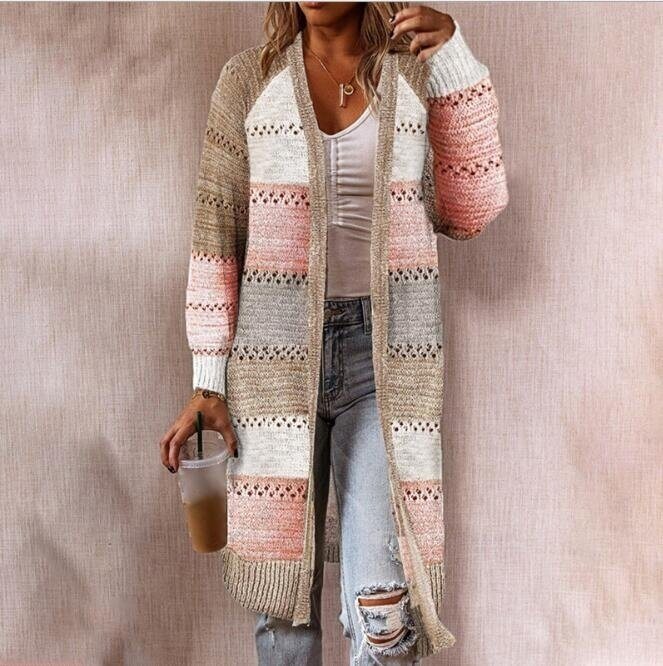 Rainbow Color Block Open Front Knitted Cardigan