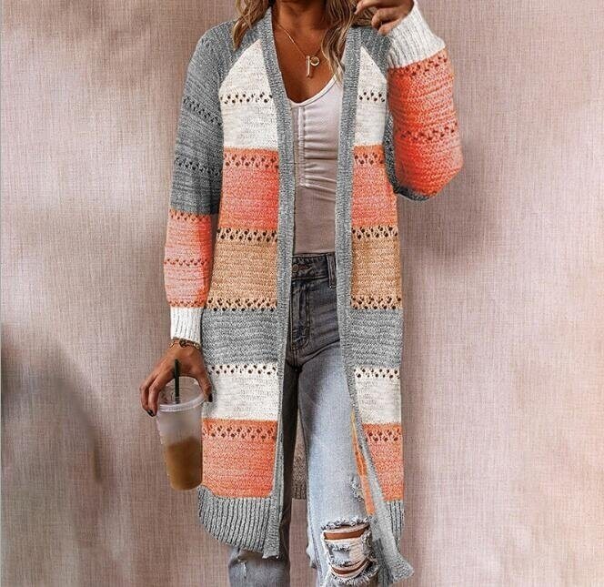 Rainbow Color Block Open Front Knitted Cardigan