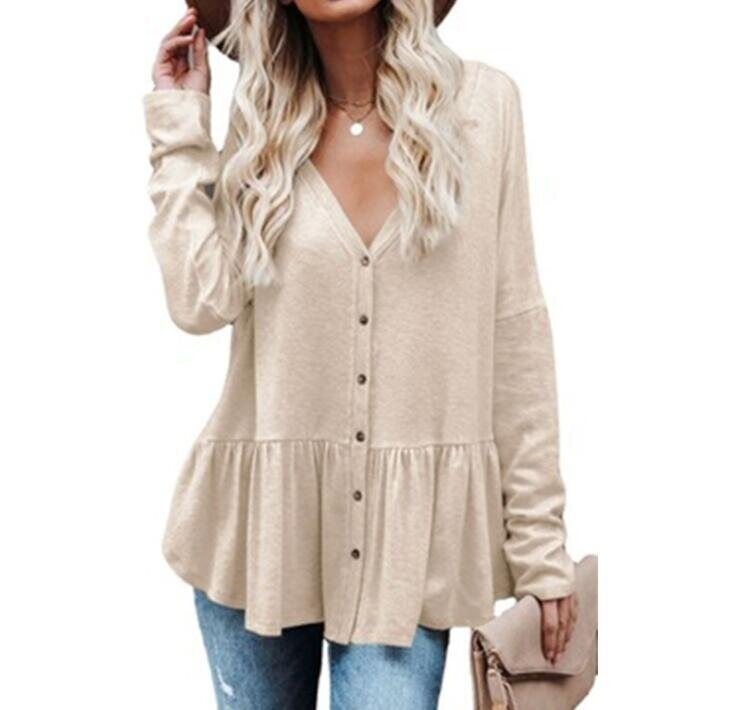 V-neck Buttons Loose Tunic Shirts Tops