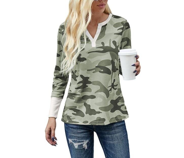 Camouflage Print Waffle V-neck Long Sleeve Top