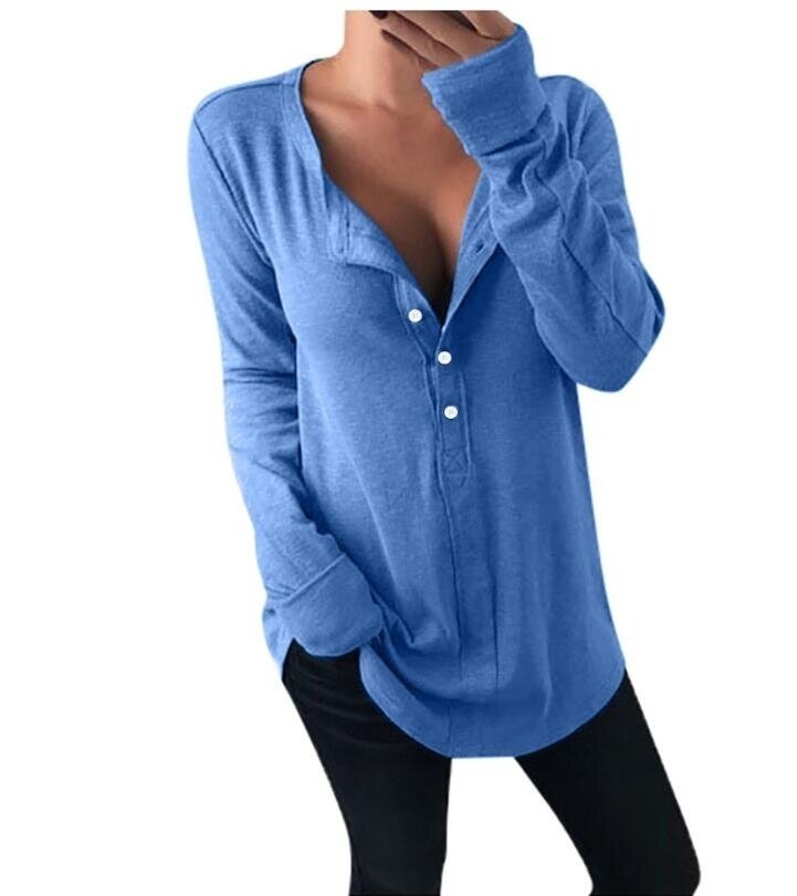 Loose Long Sleeve Button Up V Neck Henley Shirts