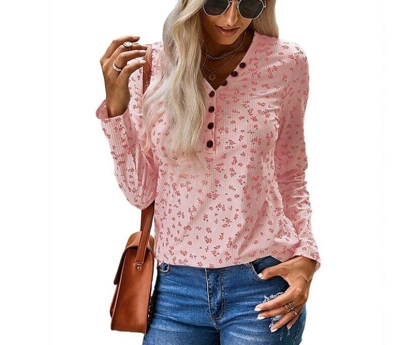 Printed V-neck Button Knitted Long Sleeved Sweater