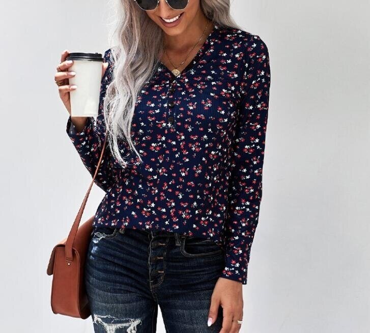 Printed V-neck Button Knitted Long Sleeved Sweater