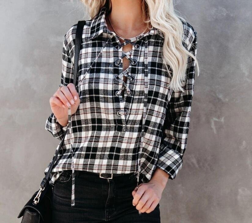 Plaid Lace Up Long Sleeved Shirt Blouses