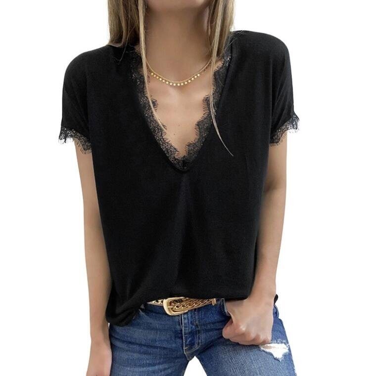 Short Sleeve Eyelash Lace Trim V Neck T shirt Blouse