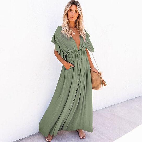 Flared Sleeve Button Beach Maxi Dress